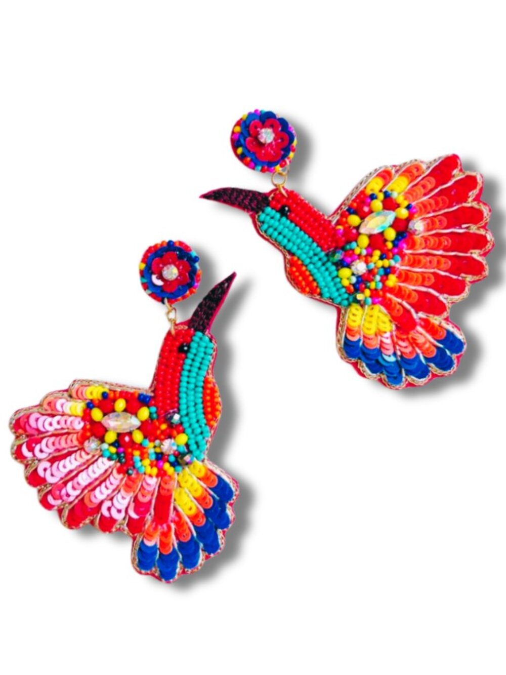 Seed Beaded Hummingbird Statement Earrings Bold Tropical Summer Glam Dangle Boho - Picture 3 of 8